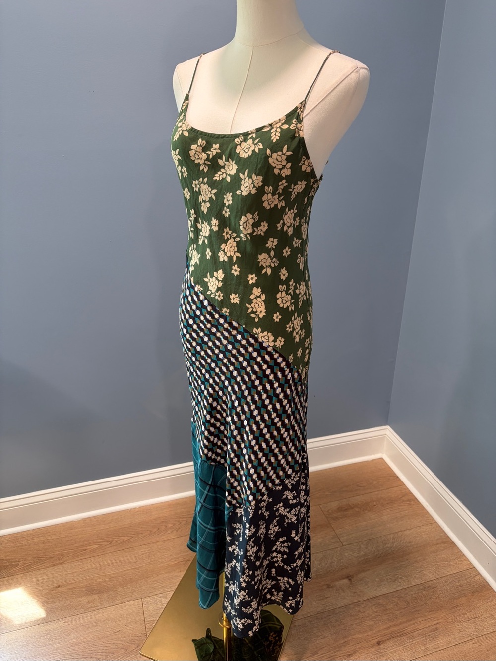 Anthropologie Kachel Patchwork 100% Silk Bias Cut Maxi Dress Green Blue Floral - Picture 3 of 8